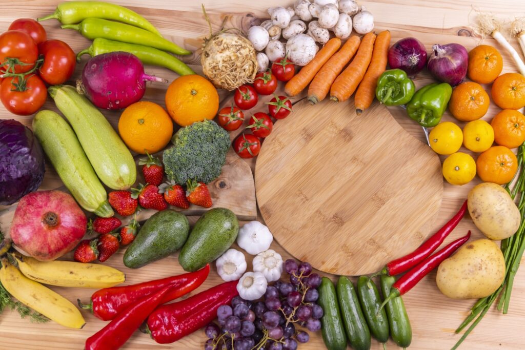 healthy, fresh, raw vegetables and fruits